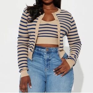 Two piece cardigan tank sweater set navy in beige
